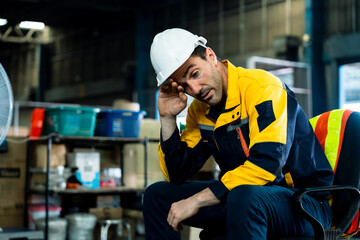 Caucasian adult male warehouse worker in uniform and helmet resting on chair wiping sweat with tired face after working long shift in industrial storage zone surrounded by work-related items