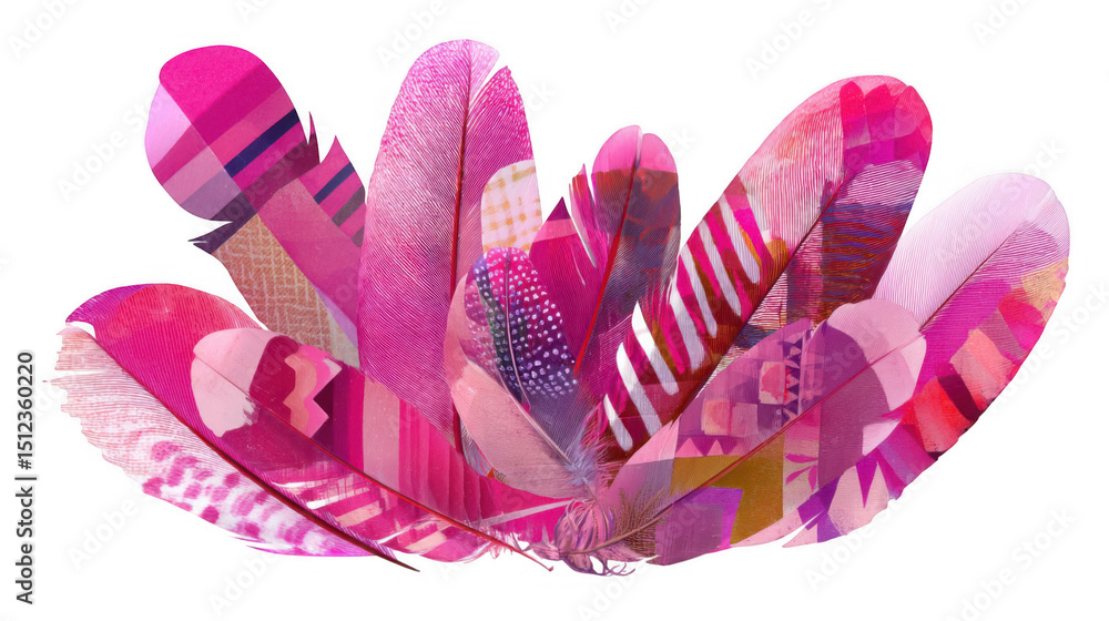 Poster pink feathers with geometric patterns creating a vibrant and artistic collage isolated on a transpar