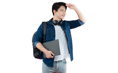 Fototapeta premium Portrait of Asian male student wearing backpack and headphones, typing laptop, looking on png background 