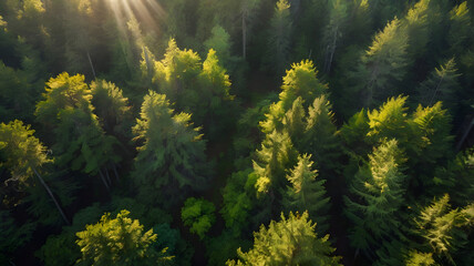 Fototapeta premium Aerial View of Lush Green Forest Canopy Bathed in Golden Sunlight Creating a Serene and Peaceful Natural Landscape