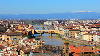 Wide view of Arno River of Florence City in Central Italy