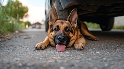 German shepherd dog resting under car on asphalt road in summer heat looking tired with tongue out animal pet