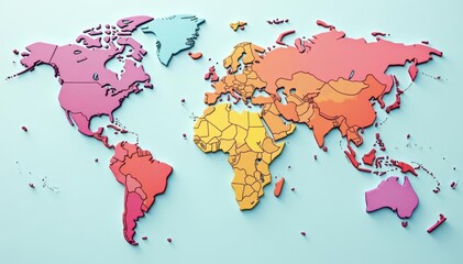 Pastel world map, flat circular design, hand-drawn style, illustration, earth