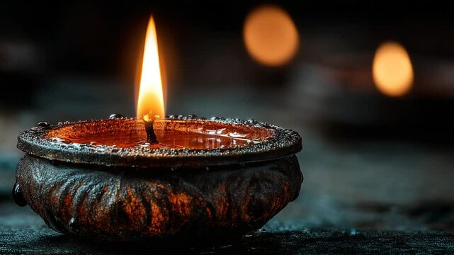 Captivating close-up of a traditional diya lamp flickering in the dark, perfect for Diwali