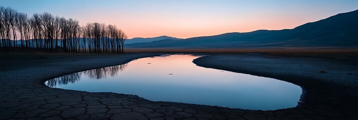 Serene landscape photography of river and mountains at sunset with trees in the background for wallpaper