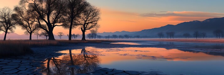 Tranquil landscape reflection at sunset with trees and mountains serene nature photography art print 100
