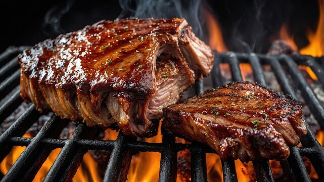 Deliciosa carne jugosa as&aacute;ndose lentamente en una parrilla caliente, con humo ascendente y llamas vibrantes visibles debajo de la rejilla.