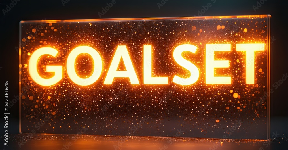 Aufkleber Glowing text spells GOALSET within orange translucent block. Sparks float inside, dark background enhances luminosity.