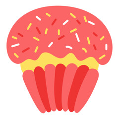 Cupcake with sprinkles, frosting hand drawn illustration, isolated vector on transparent. Flat style design. Birthday celebration, festival, carnival, party, anniversary clip art, element