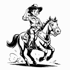 Vintage Cowgirl Riding Horse – Black and White Western Style Vector Illustration
