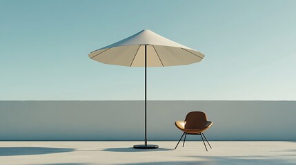 Minimalist outdoor patio design with umbrella and chair for summer relaxation and modern living space style