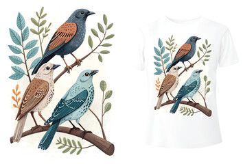 Flat Vector Illustration of Three Songbirds on a Branch.