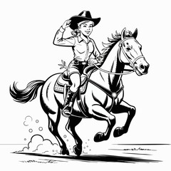 Vintage Cowgirl Riding Horse &ndash; Black and White Western Style Vector Illustration
