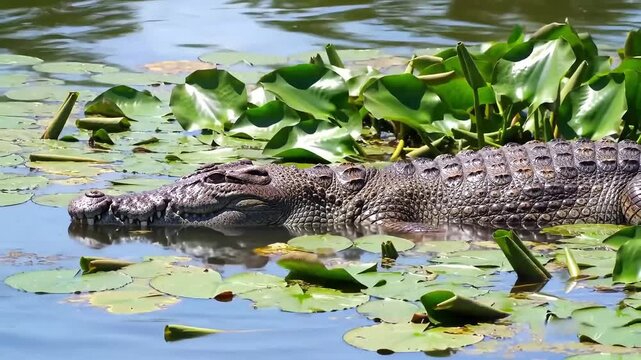 Crocodile Lurking Among Water Lilies &ndash; Calm Reflective Lake Wildlife Scene