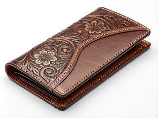 Hand-Tooled Leather Wallet Floral Design, Brown, Close-up, Stitching Detail, Wallet Craft Leather wallet, hand tooled leather