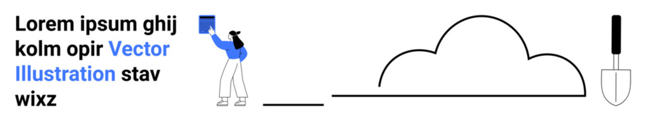 Woman holds a book while standing next to a cloud outline and garden shovel. Ideal for education, sustainability, cloud storage, gardening, creativity, teamwork, simple landing page