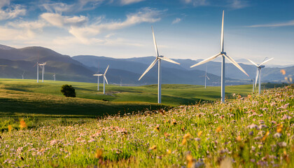 A wind farm on a grassy plain with turbines gently spinning, and distant mountains on the horizon 