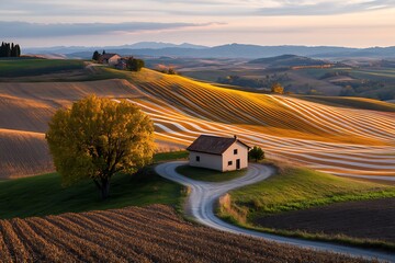 Beautiful tuscany landscape photography of rolling hills and farmhouse in italy at sunset light view 4k wallpaper