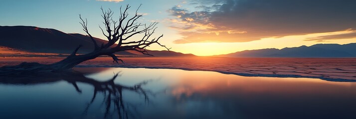 Beautiful sunset landscape reflection on water with dead tree silhouette scenic nature photography