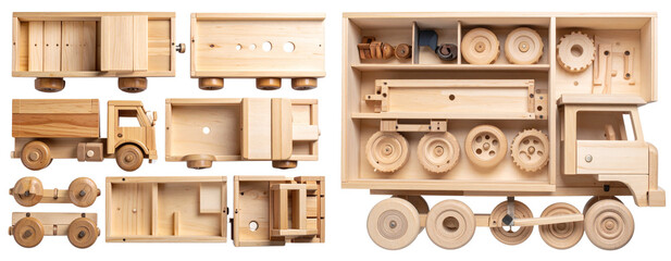 Overhead View of Dismantled Wooden Toy Truck Parts Transparent Background PNG