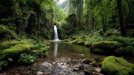 Waterfall and Pool in Forest with Moss-Covered Rocks