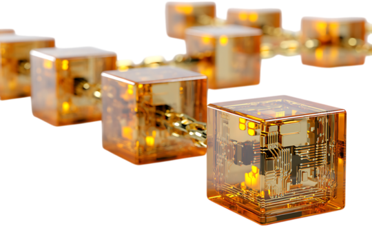 Abstract chain of glowing amber cubes.