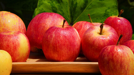 A handful of bright red apples lie on the ground.