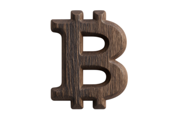 Wooden Bitcoin symbol, cryptocurrency concept