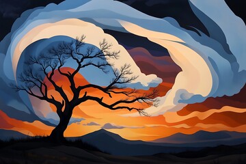 Artistic landscape painting of a tree against a sunset sky with mountains and clouds digital art