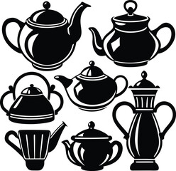 Black Silhouettes of Various Classic Teapots and Coffee Pots on White Background, Vector Illustration Set