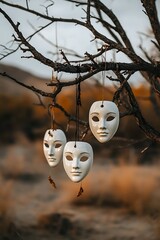 White masks hanging on tree branches outdoor surreal art photography mysterious artistic conceptual image