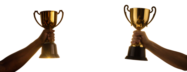  Silhouetted Arm Raising Golden Cup in Dramatic Lighting Transparent Background PNG