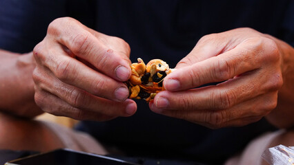 Close-up of a man's hand holding a snack.