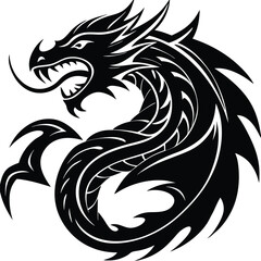 Fierce Tribal Dragon Black Silhouette Vector Illustration with Curved Body