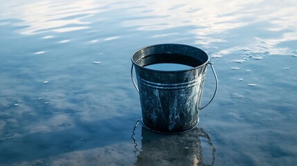 Bucket filled with water on a reflective surface still life water bucket metal container reflection 100