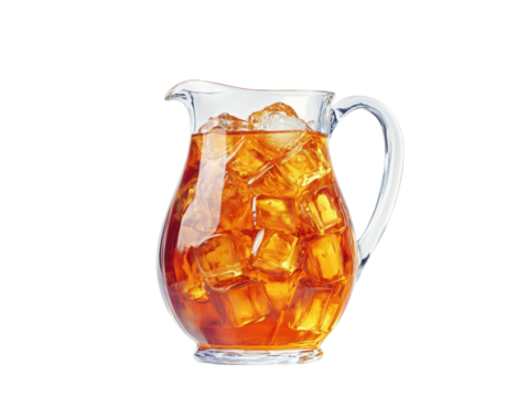 Pitcher of Iced Tea: A refreshing pitcher of iced tea, filled with ice cubes, offers a cool, crisp beverage for a hot day.