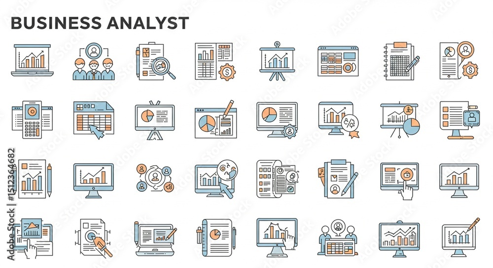 Leinwandbilder business icons displaying analytics perform data review in clean presentations showing reports and c