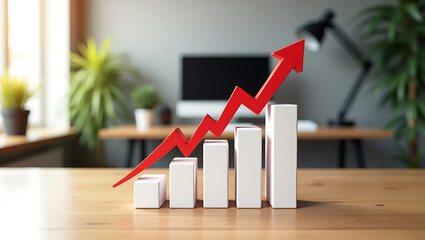 Red arrow over bar graph on wooden desk. Business growth, financial success, stock market upward trend, data analytics.
