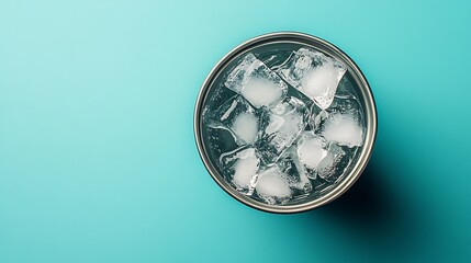 Refreshing ice water drink in glass on blue background top view summer hydration cold beverage concept