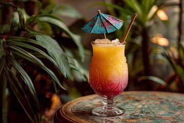 A beautifully styled mango drink with colorful cocktail layers, served in a tiki glass with a festive umbrella