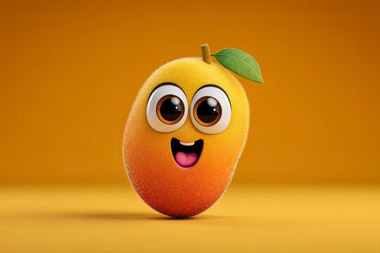 A cheerful cartoon mango character with big sparkling eyes and a wide friendly smile, vibrant colors