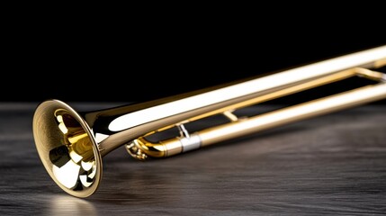 Obraz premium A shiny brass trumpet rests on a wooden surface.