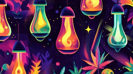 Psychedelic glowing lightbulbs and cannabis leaves in vibrant neon colors.