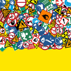 thousands of mixed overlapping safety signs in various sizes and rotations with space underneath to insert custom text