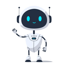 Cute smiling robot with cheerful expression. Friendly and positive futuristic character for apps, games, or tech designs