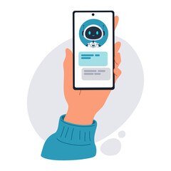 Chatbot assistant on smartphone screen. Hand holding mobile device with AI robot chat interface. Virtual assistant technology and smart customer support. Flat vector illustration