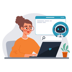 Young woman using laptop with chatbot assistant. AI-powered virtual assistant helps with search and productivity. Modern flat vector illustration of of virtual tech support