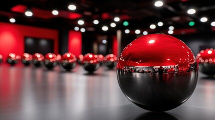 Naklejka premium A shiny red ball sits in the foreground, with a blurred background of red and black spheres.