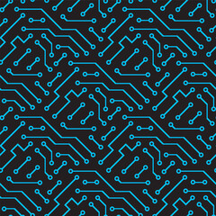 Computer circuit board texture. Technology pattern. Abstract illustration of silicon chip. Digital tech background in black and blue colors.