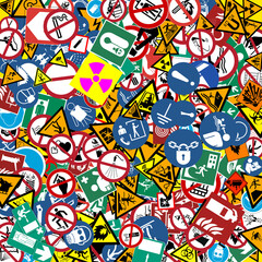 f signs according to the safety regulations in force with many symbols superimposed on each other with varying sizes